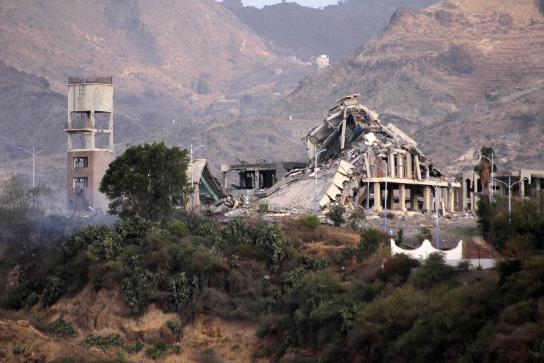 The remains of the Republican Palace, following a reported air raid, in the city of Taez on April 17, 2015