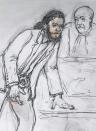 A courtroom sketch made February 7, 2018 shows Salah Abdesalam, prime suspect in the November 2015 Paris attacks at Monday's opening of his trial at a courthouse in Brussels