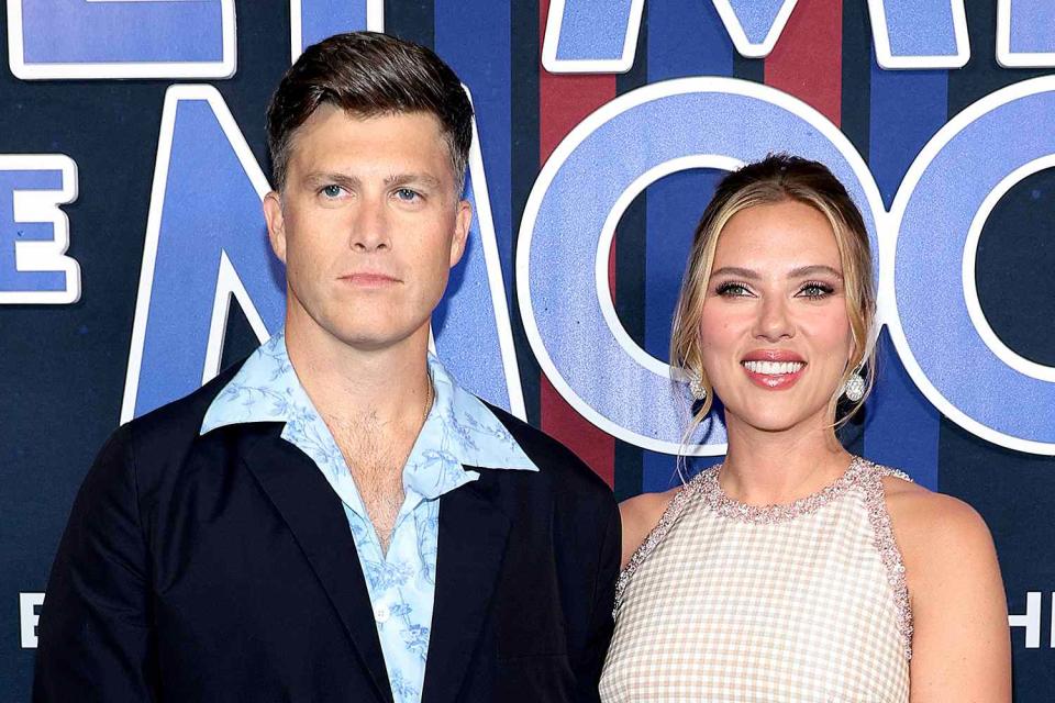 <p>Dimitrios Kambouris/Getty </p> Colin Jost and Scarlett Johansson