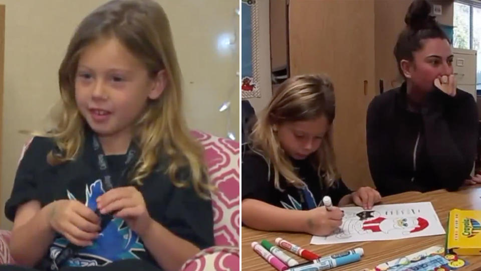 A 5-year-old California girl (left and right with her mum while colouring in a Santa picture) decided to help her classmates by setting up a hot chocolate stand.