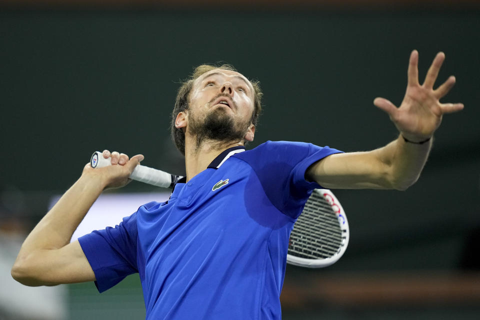 Daniil Medvedev, of Russia, serves to Tommy Paul, of the United States, during a semifinal match at the BNP Paribas Open tennis tournament, Saturday, March 16, 2024, in Indian Wells, Calif. (AP Photo/Mark J. Terrill)