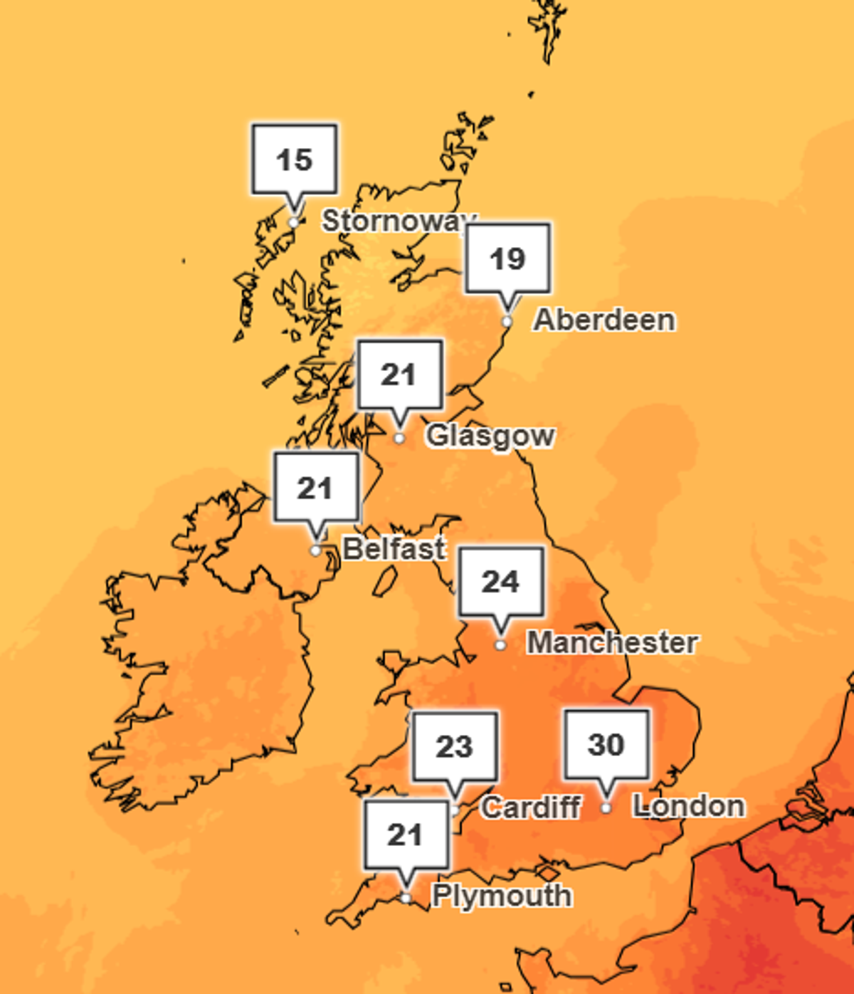 Temperatures are expected to ease off as Glasgow will hit 21C and Cardiff will hit 23C (The Met Office)