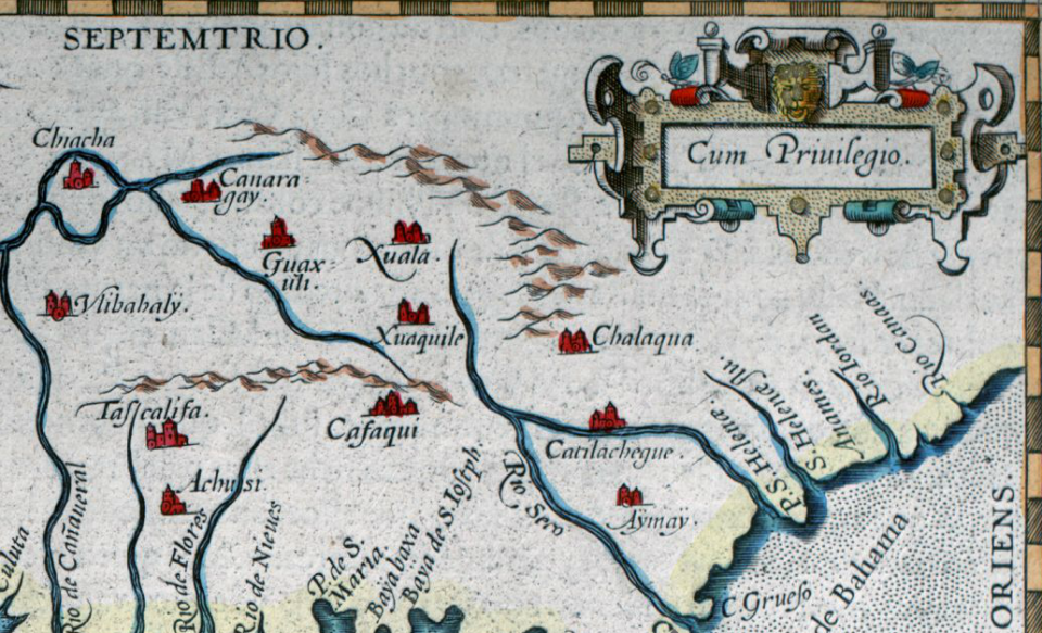 A portion of a 1584 map by Geronimo Chaves depicting the site of Xuala where, in 1567, Juan Pardo established Fort San Juan.