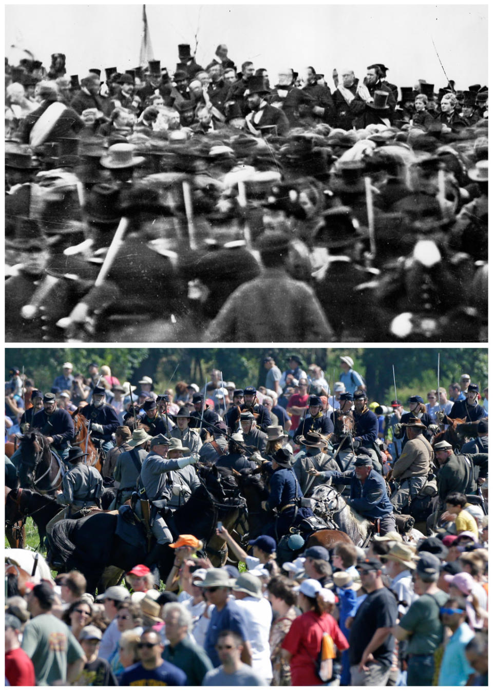 This combination image shows, top, a photo made available by the Library of Congress of Lincoln's “Gettysburg Address,” on Nov. 19, 1863, in Gettysburg, Pa. and bottom, re-enactors demonstrating a cavalry battle near spectators during ongoing activities commemorating the 150th anniversary of the Battle of Gettysburg, Saturday, June 29, 2013, at Bushey Farm in Gettysburg, Pa. More than 200,000 people, including 20,000 re-enactors, are expected to visit the small Pennsylvania town for events through Fourth of July weekend to mark the 150th anniversary of the Civil War's pivotal battle. (AP Photo)