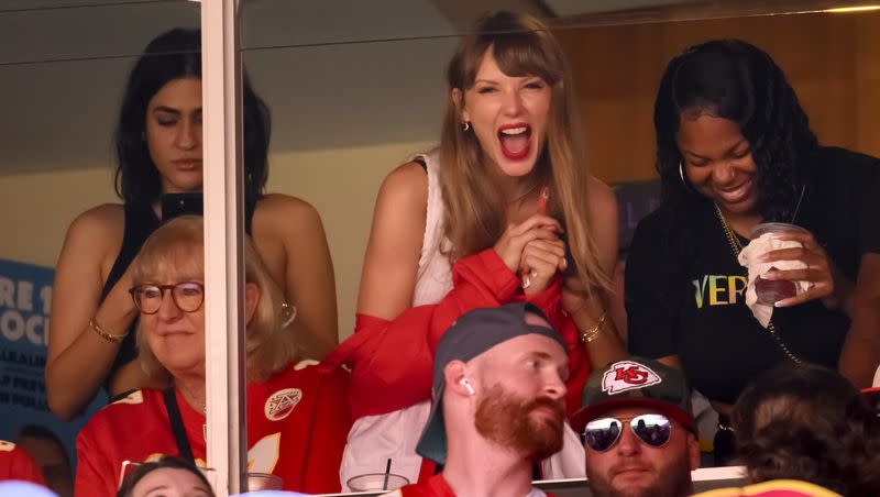 Taylor Swift attended the Kansas City Chiefs against the Chicago Bears with Travis Kelce’s mother, Donna Kelce, at lower left, on Sunday, Sept. 24, 2023 in Kansas City, Mo.