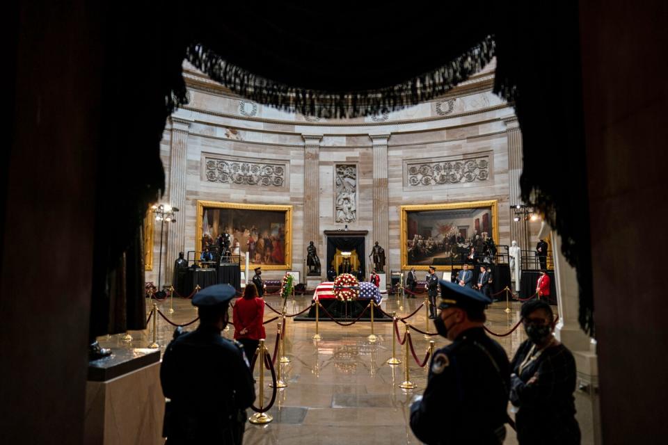 The casket of the late Sen. Bob Dole (R-Kansas) sits in the U.S. Capitol Rotunda.