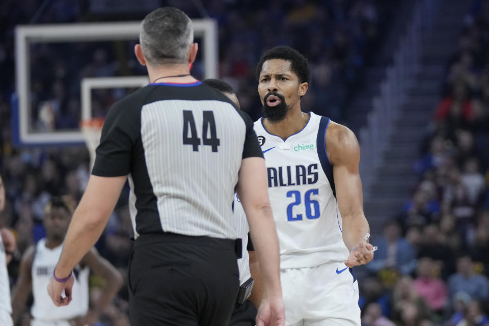 Dallas Mavericks guard Spencer Dinwiddie (26) reacts toward referee Brett Nansel (44) after being called for a technical foul during the first half of an NBA basketball game between the Golden State Warriors and the Mavericks in San Francisco, Saturday, Feb. 4, 2023. (AP Photo/Jeff Chiu)