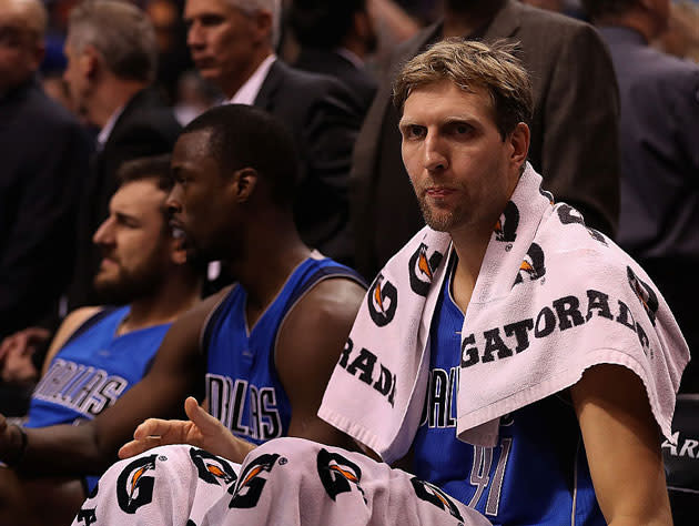 Dirk Nowitzki is seated. (Getty Images)