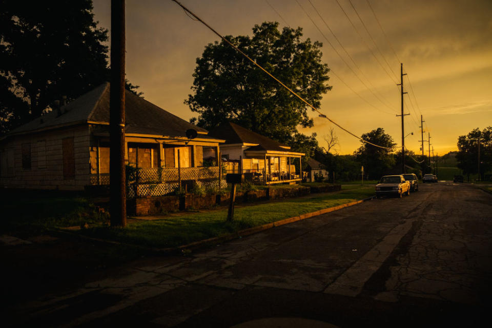 a town street at sunset