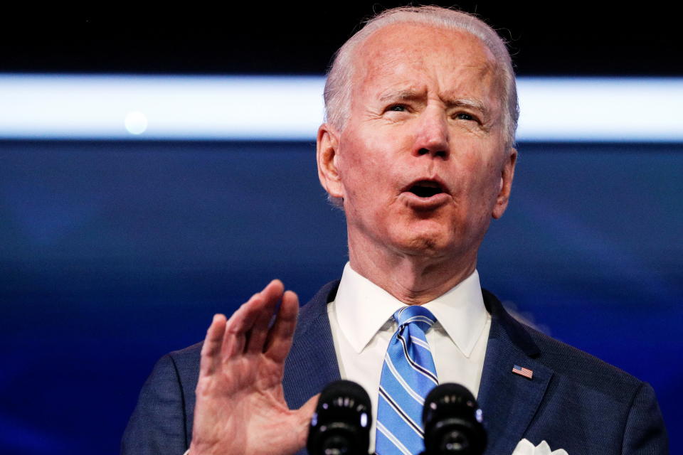 U.S. President-elect Joe Biden delivers remarks during a televised speech on the current economic and health crises at The Queen Theatre in Wilmington, Delaware, U.S., January 14, 2021. REUTERS/Tom Brenner