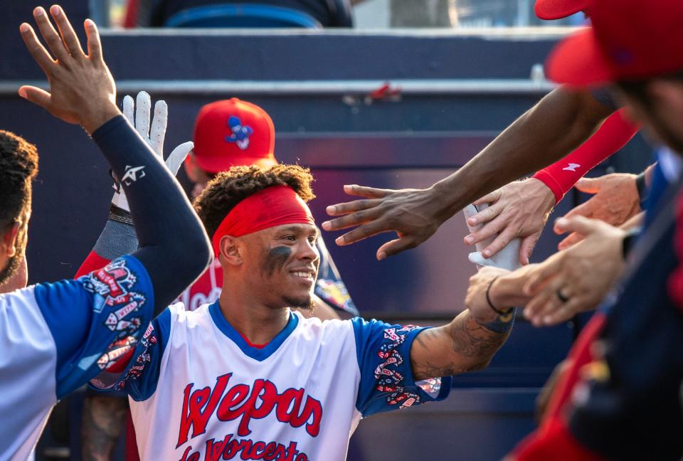 Worcester’s Ceddanne Rafaela celebrates his leadoff home run against the Syracuse Mets on July 5.