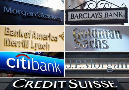 FILE PHOTO - A combination file photo shows international banks Morgan Stanley, Barclays, Goldman Sachs, JPMorgan, Credit Suisse, Citigroup and Bank of America Merrill Lynch from Reuters archive. REUTERS/File photos