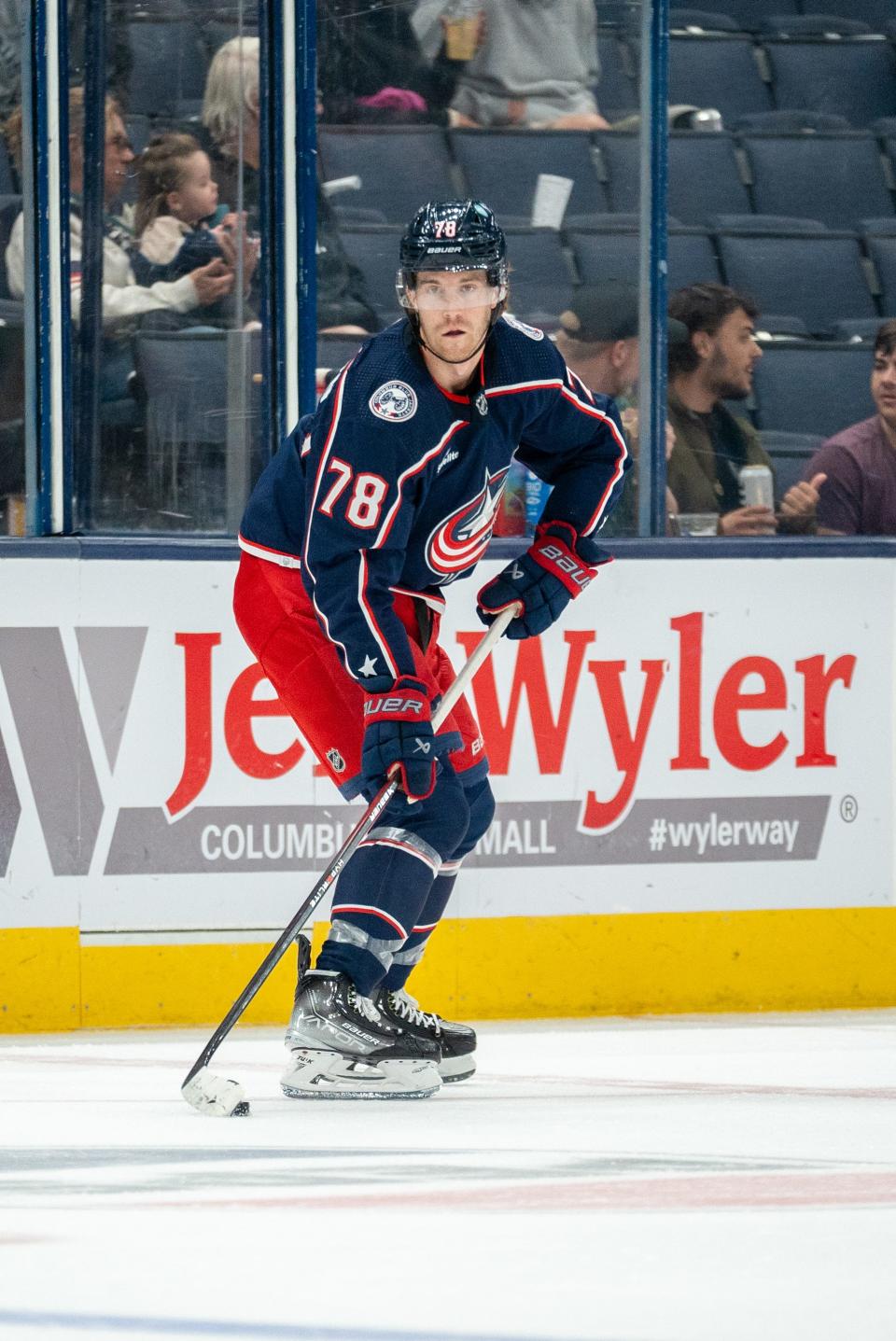 Oct 4, 2023; Columbus, Ohio, United States;
Columbus Blue Jackets defenseman Damon Severson (78) looks for an open pass during their game against the Buffalo Sabres on Wednesday, Oct. 4, 2023 at Nationwide Arena.