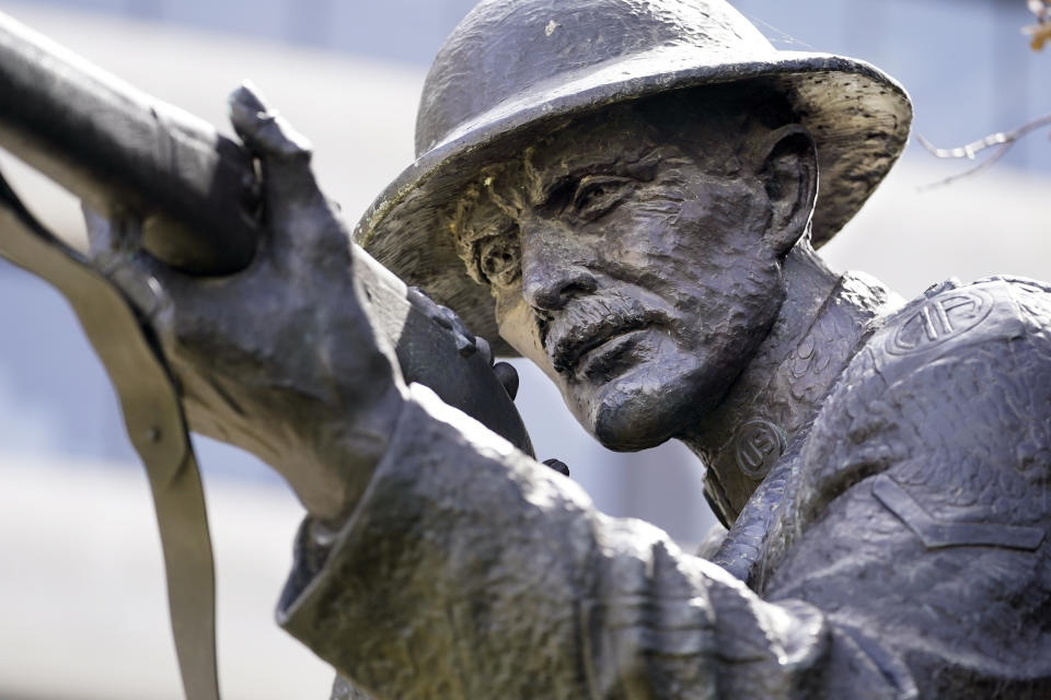 The statue of World War I hero Sgt. Alvin C. York stands on the grounds of the Tennessee State Capitol Tuesday, March 16, 2021, in Nashville, Tenn. The claim in Pennsylvania state Sen. Doug Mastriano's 2014 book about York, that a 1918 U.S. Army Signal Corps photo was mislabeled and actually shows York with three German officers he captured, has been disputed by rival researchers. (AP Photo/Mark Humphrey)