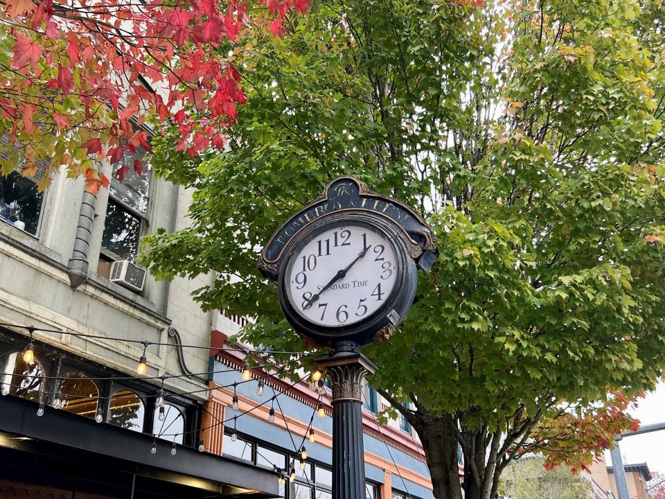 The historic Pomeroy & Keene clock on State Street in downtown Salem..