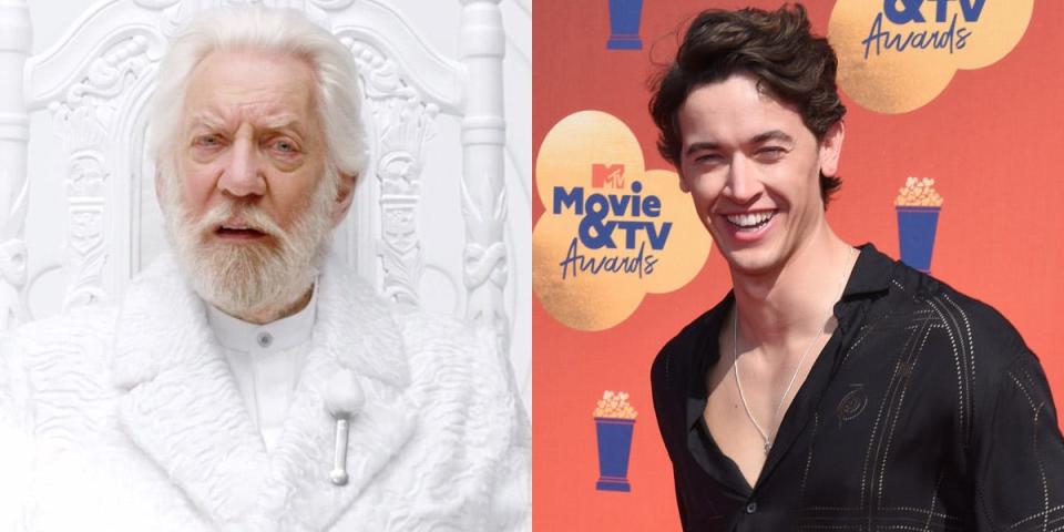 Donald Sutherland in a Hunger Games ad. Tom Blyth attends the 2022 MTV Movie & TV Awards at Barker Hangar on June 05, 2022 in Santa Monica, California