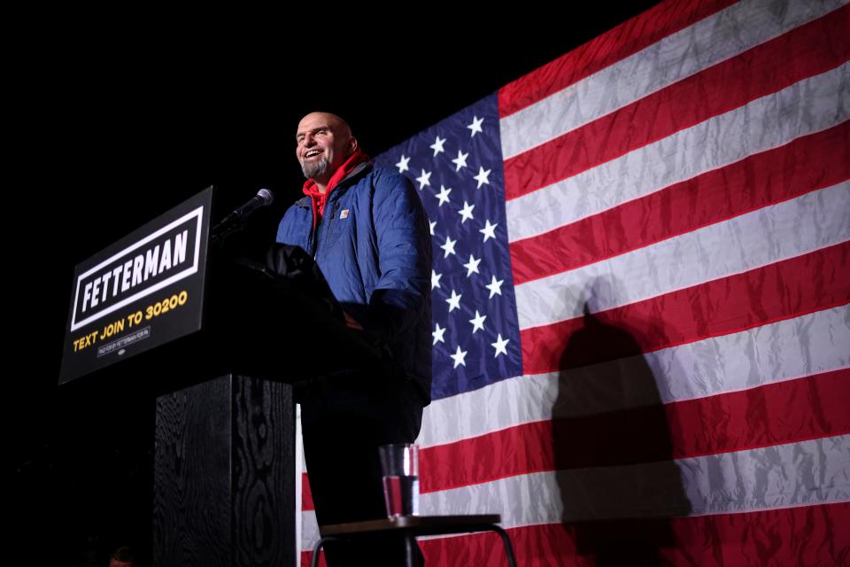 Lieutenant Governor of Pennsylvania and Democratic U.S. Senate candidate John Fetterman speaks at a campaign event at the headquarters of the International Brotherhood of Electrical Workers Local 88 on Nov. 3, 2022, in Collegeville, Pennsylvania. Fetterman faces Republican candidate, Dr. Mehmet Oz, in the midterm elections on November 8.