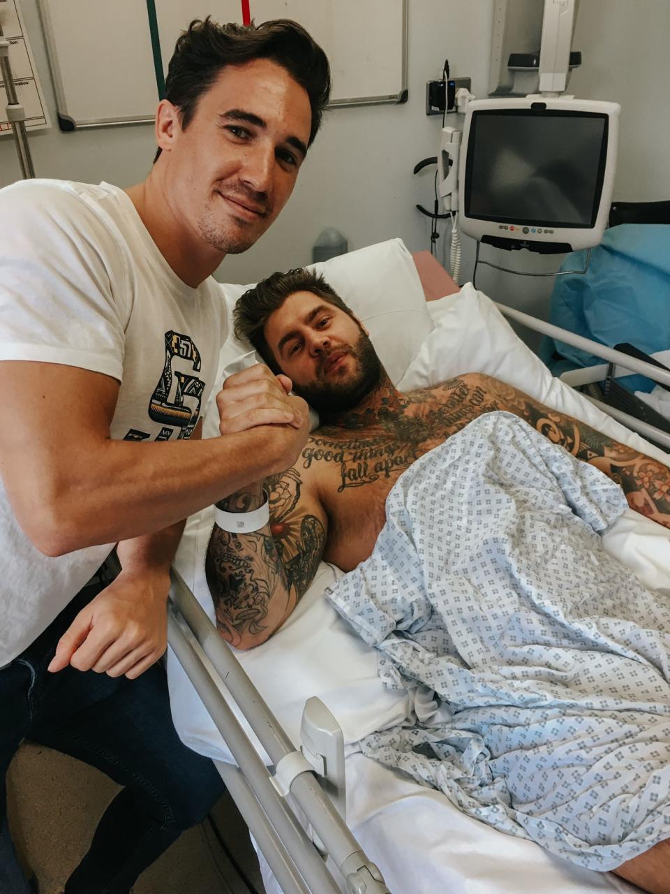 Joshua Patterson with his best friend Ben Tansley, after his motorcycle accident in 2017. (Supplied)