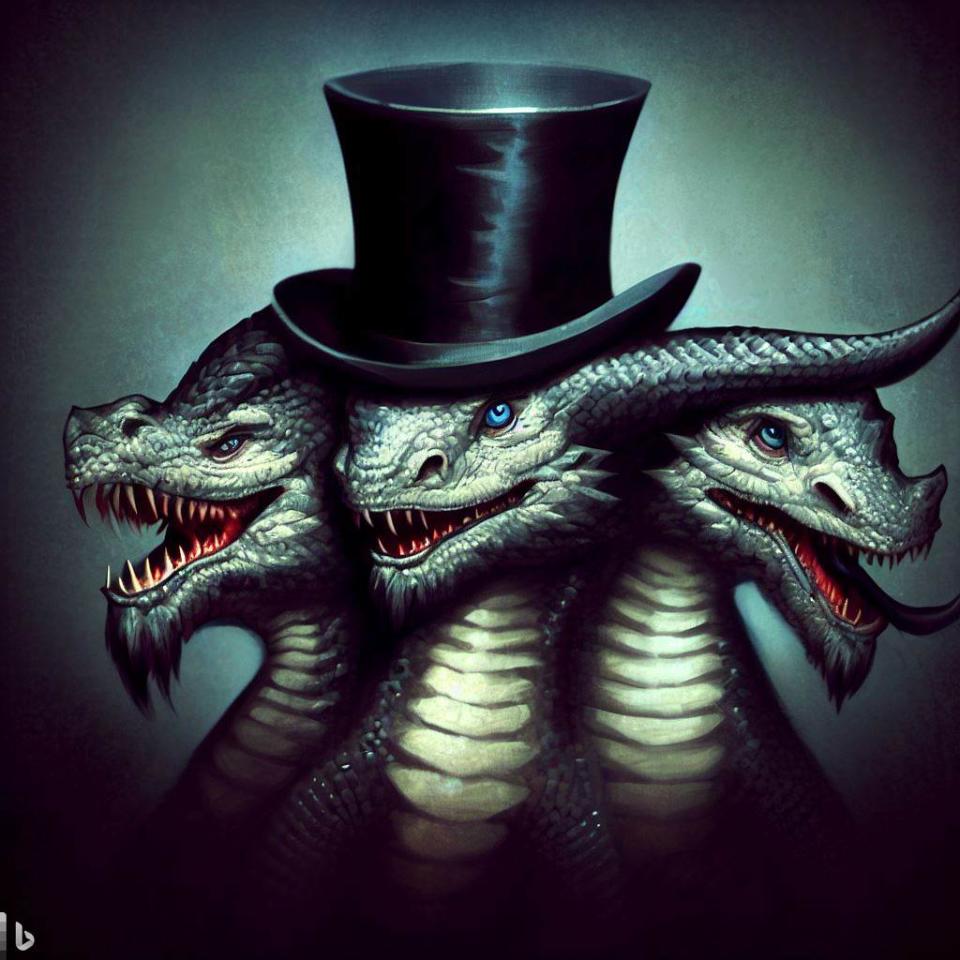 3-headed dragon wearing a top-hat