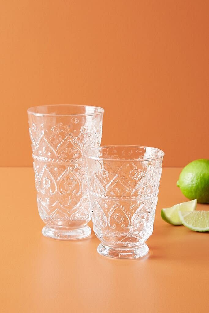 These highball glasses feature a clear, intricate design. Find them for $56 at <a href="https://fave.co/2ROj19Y" target="_blank" rel="noopener noreferrer">Anthropologie</a>.