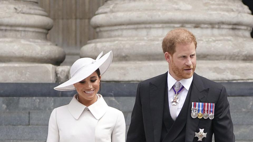 Mandatory Credit: Photo by Kirsty O'Connor/AP/Shutterstock (12971199do) Prince Harry and Meghan, Duchess of Sussex leave after attending a service of thanksgiving for the reign of Queen Elizabeth II at St Paul's Cathedral in London, on the second of four days of celebrations to mark the Platinum Jubilee. The events over a long holiday weekend in the U.K. are meant to celebrate the monarch's 70 years of service Platinum Jubilee, London, United Kingdom - 03 Jun 2022