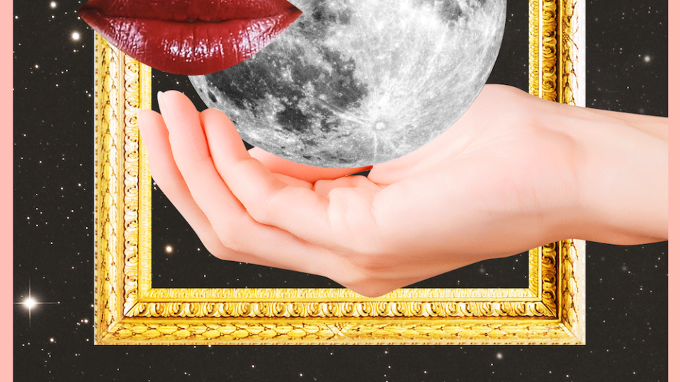 the moon tarot card showing a hand holding out a full moon