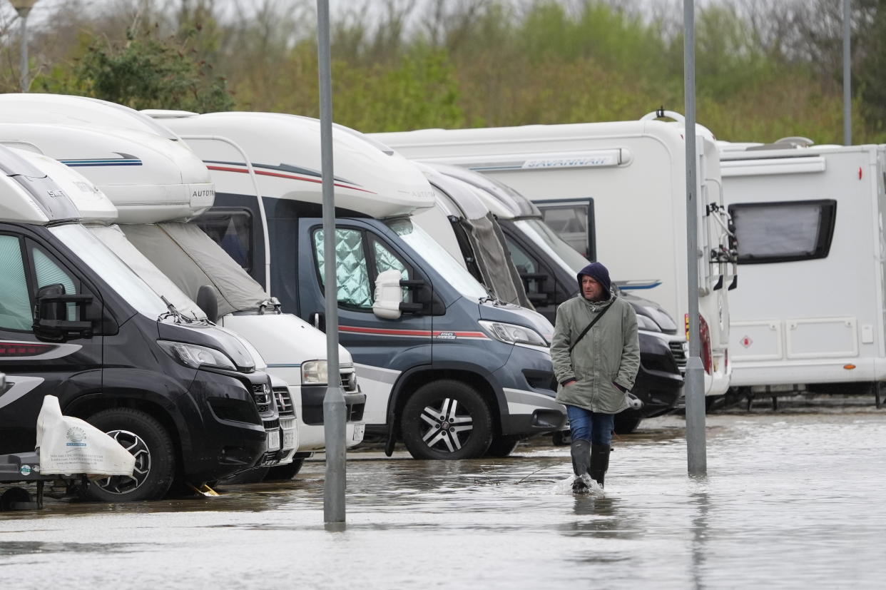 Flooding near a caravan self-storage site near Rope Walk in Littlehampton, West Sussex, after the River Arun burst its banks overnight. West Sussex Fire and Rescue Service warned people in Littlehampton of severe floodwaters in the wake of Storm Kathleen. Picture date: Tuesday April 9, 2024. (Photo by Gareth Fuller/PA Images via Getty Images)