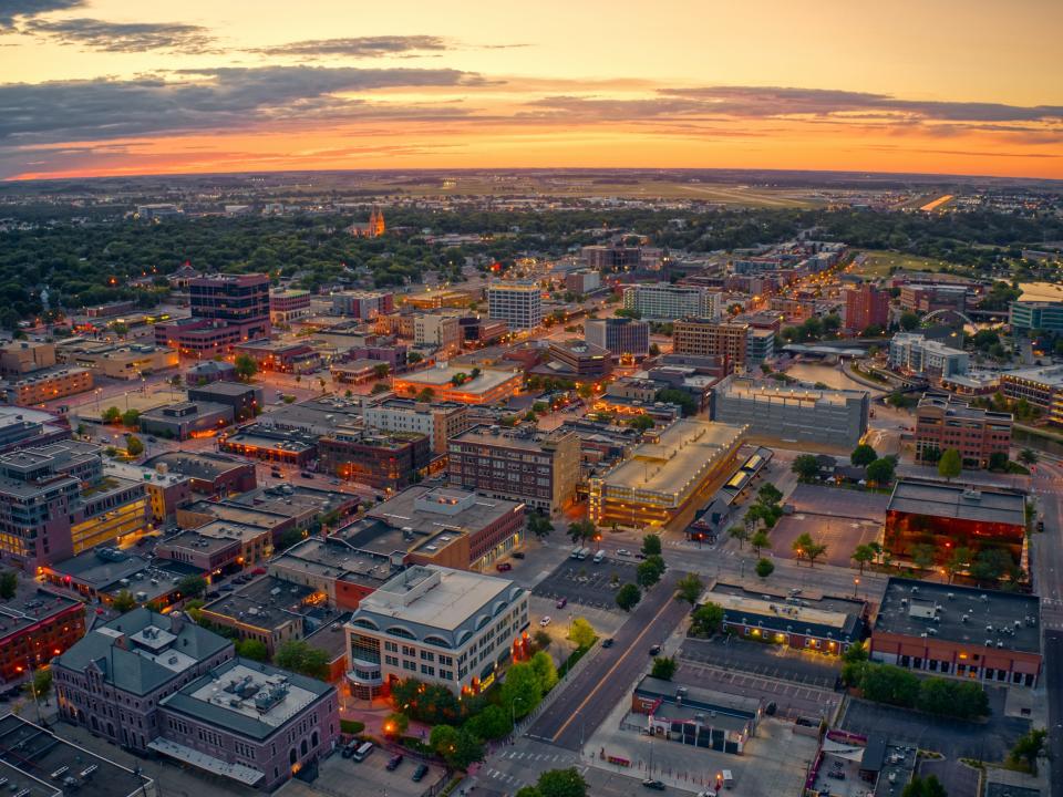 Aerial View of Sioux Falls, South Dakota, at Sunset.