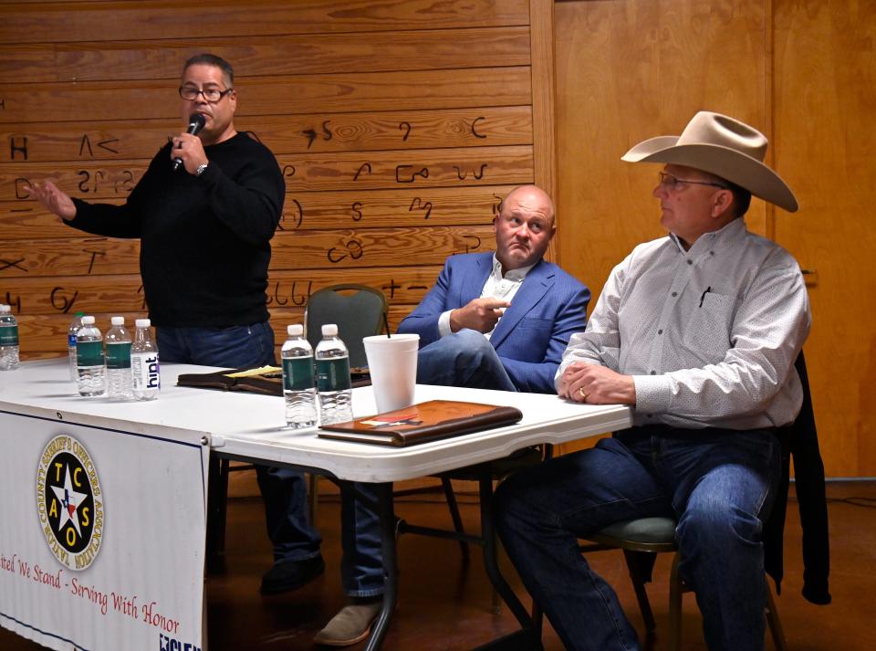 Taylor County District Attorney Investigator Shay Bailey Points To Sheriff Ricky Bishop, Giving Him The Opportunity To Respond To Criticisms By Anson Police Officer Elias Carrasquillo Jr During Friday Night’s Sheriff’s Debate. Held At The Taylor County Expo Center’s Western Heritage Classic Ranch House, The 90-Minute Debate Was Live-Streamed.