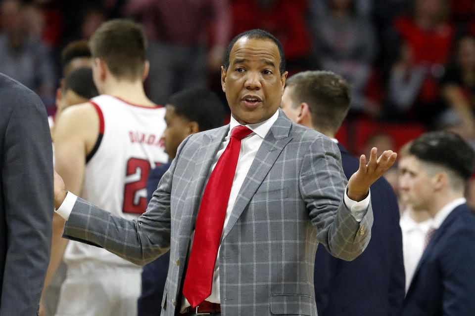 North Carolina State head coach Kevin Keatts protests after being called for a technical foul during the second half of an NCAA college basketball game against Florida State in Raleigh, N.C., Saturday, Feb. 22, 2020. (AP Photo/Karl B DeBlaker)