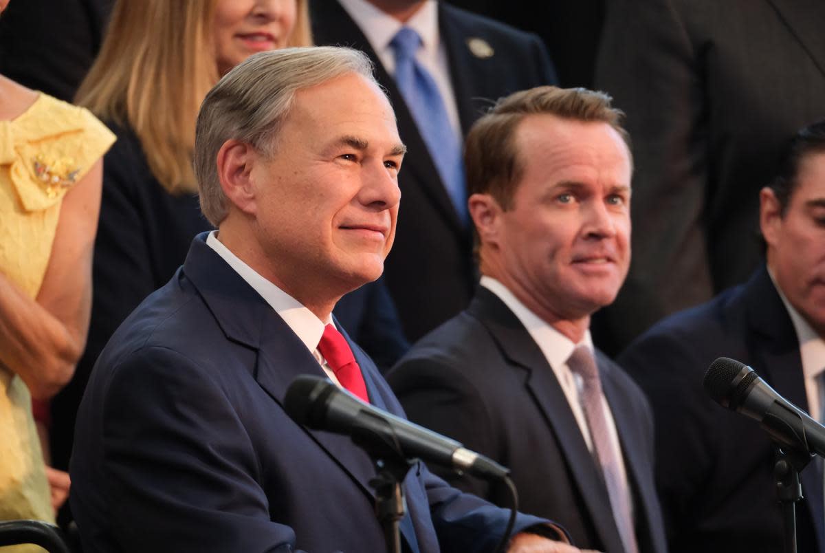 Gov. Greg Abbott during a property tax cut bill signing ceremony in New Caney, on Aug. 9, 2023.