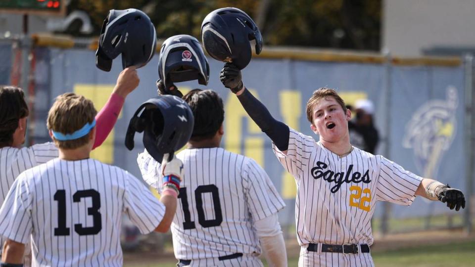 Judah Hill, 22, celebrates a three run home run. Arroyo Grande High School fell to Garces Memorial from Bakersfield 6-4 in a baseball playoff on May 14, 2024.