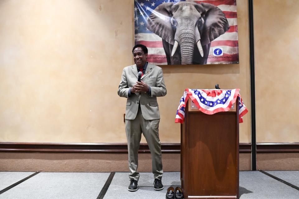 Knox County Commission District 1 candidate Charles Frazier takes the stage at the March 5 Republican election watch party.