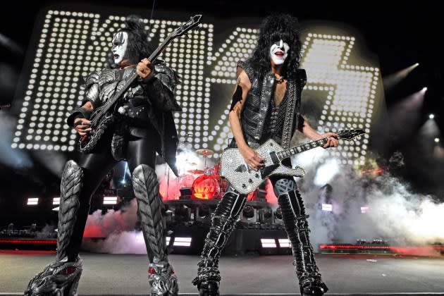 Gene Simmons (L) and Paul Stanley perform onstage during the Tribeca Festival screening of "Biography: KISStory" at Battery Park on June 11, 2021 in New York City.  - Credit: Kevin Mazur/Getty Images for A&E