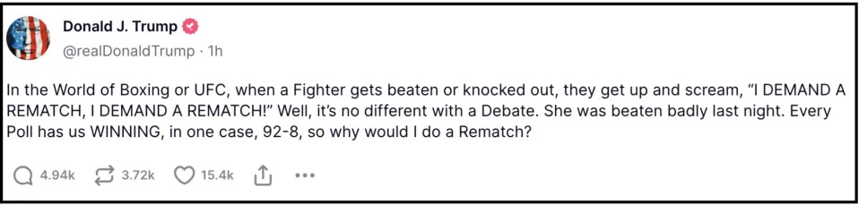 Donald J. Trump's tweet compares calling for a debate rematch after losing to demanding a rematch in boxing or UFC, emphasizing he is winning in polls