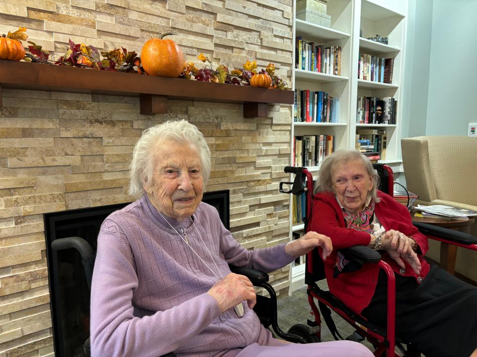Barbara Long (left) and Marion Cronin, both 102 years old and both residents of Webster at Rye, were awarded the Boston Post Cane on Tuesday, Nov. 7, 2023. Both women, who are not related, were both born on the same day: Feb. 7, 1921.