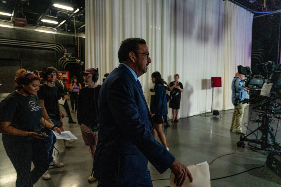 Adrian Fontes, Democratic candidate for secretary of state, attends a debate sponsored by the Arizona Clean Elections Commission at the Arizona PBS studios at the Walter Cronkite School of Journalism and Mass Communication at Arizona State University in Phoenix on Sept. 22, 2022.