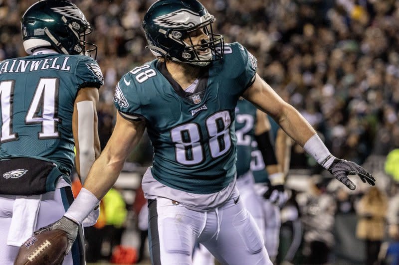 Philadelphia Eagles tight end Dallas Goedert is the No. 3 player in my Week 2 rankings. File Photo by Laurence Kesterson/UPI