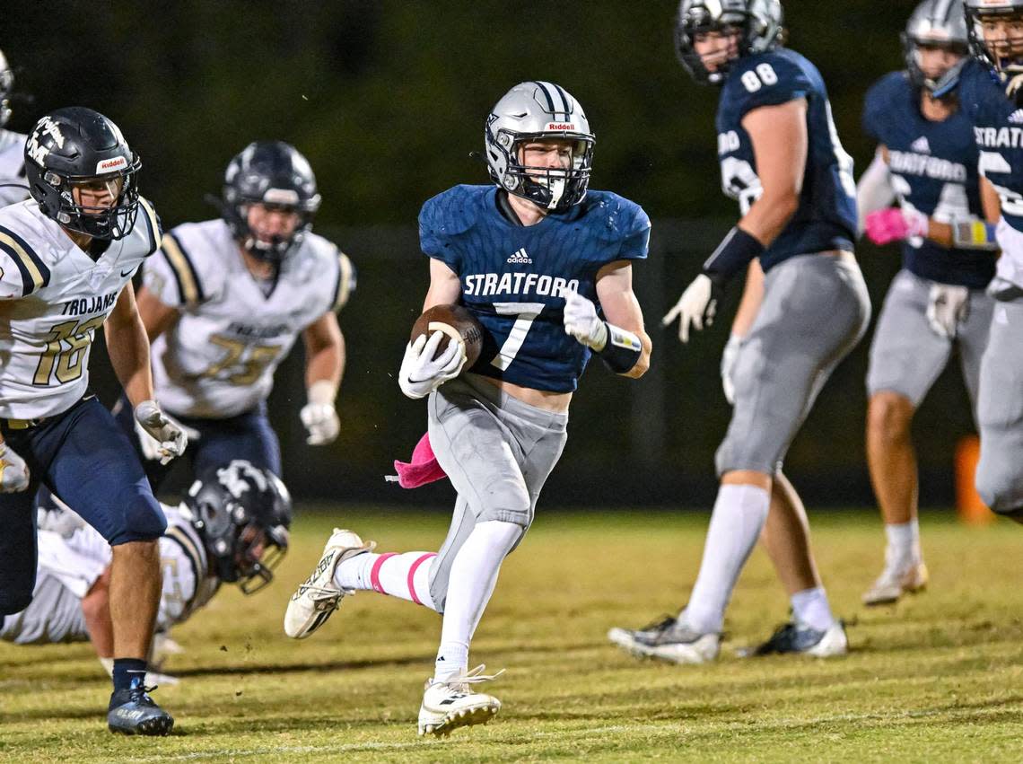 Stratford Eagle James Groves makes a huge first down to set and Eagle touchdown against John Milledge Academy Friday night.
