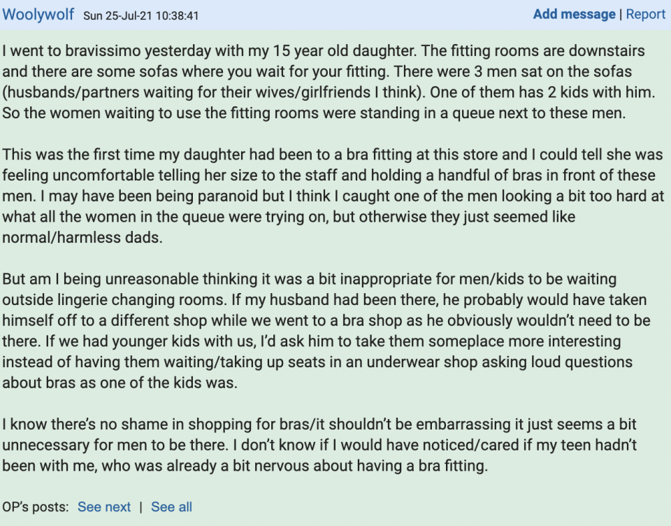 Screengrab of a post on men in lingerie shops (Mumsnet)