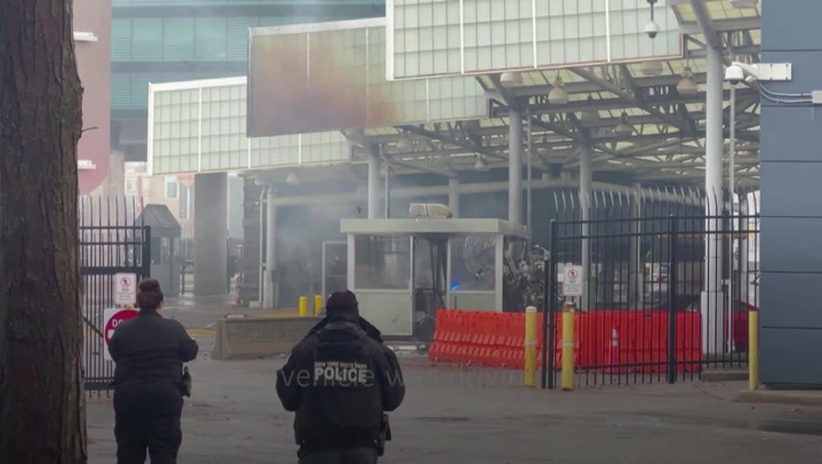 Smoke billows from Niagara Falls border crossing at Rainbow Bridge (Reuters)