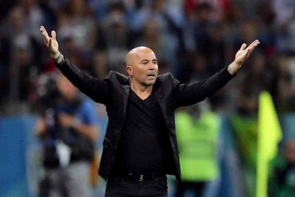 Jorge Sampaoli during Argentina’s 3-0 loss to Croatia at the 2018 World Cup. (Reuters)