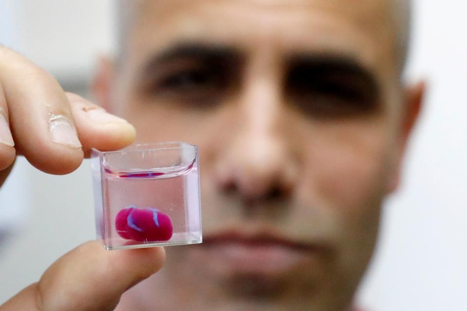 Israeli professor Tal Dvir presents a 3D print of heart with human tissue at the University of Tel Aviv on April 15, 2019. 