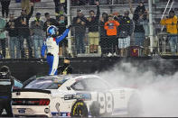 Chase Briscoe celebrates winning the NASCAR Xfinity Series auto race Friday, Sept. 18, 2020, in Bristol, Tenn. (AP Photo/Steve Helber)