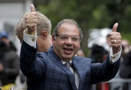 Ahmed Zayat gestures shortly before American Pharoah arrived at Belmont Park. (REUTERS)