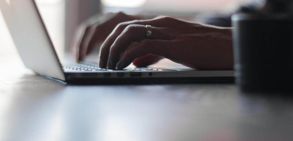 computer, hand, laptop