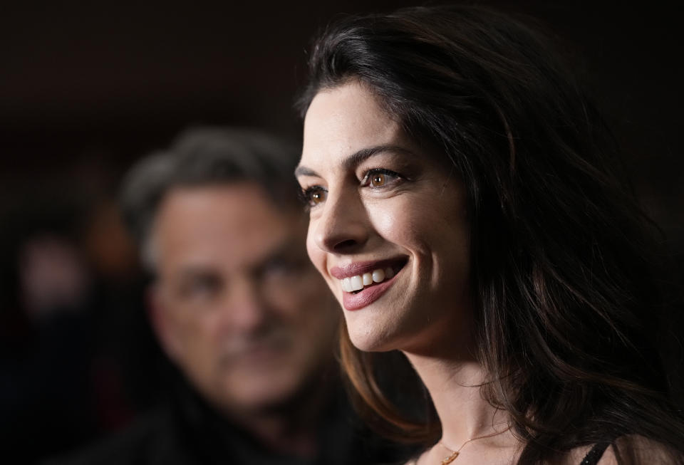 Anne Hathaway, a cast member in "Eileen," is interviewed at the premiere of the film at the 2023 Sundance Film Festival, Saturday, Jan. 21, 2023, in Park City, Utah. (AP Photo/Chris Pizzello)