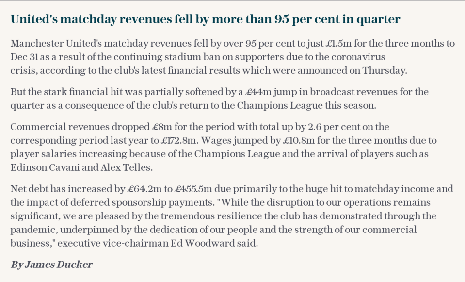 Manchester United's matchday revenues fell by more than 95 per cent in quarter