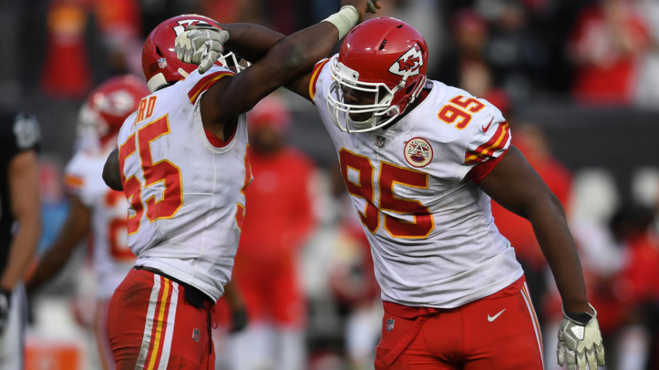 OAKLAND, CA – DECEMBER 02: Dee Ford #55 and Chris Jones #95 of the Kansas City Chiefs celebrate after a play against the Oakland Raiders during their NFL game at Oakland-Alameda County Coliseum on December 2, 2018 in Oakland, California. (Photo by Thearon W. Henderson/Getty Images)