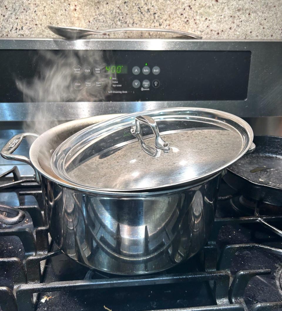 Simmering Ina Garten's chicken pot pie soup